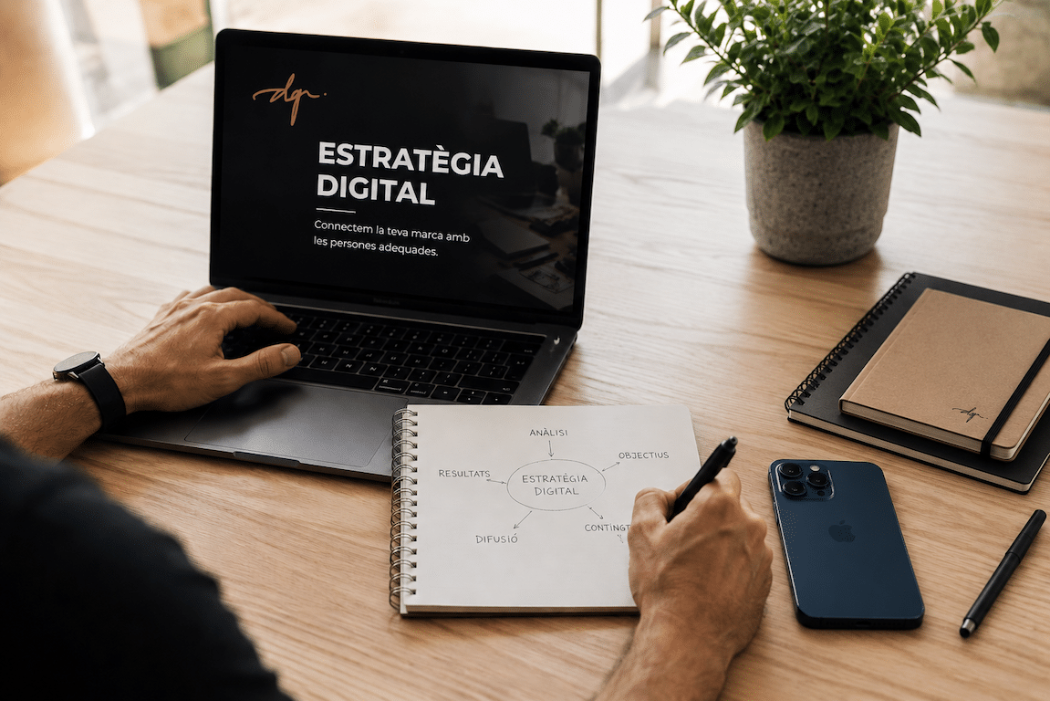 Planificació de màrqueting digital amb portàtil i llibreta
